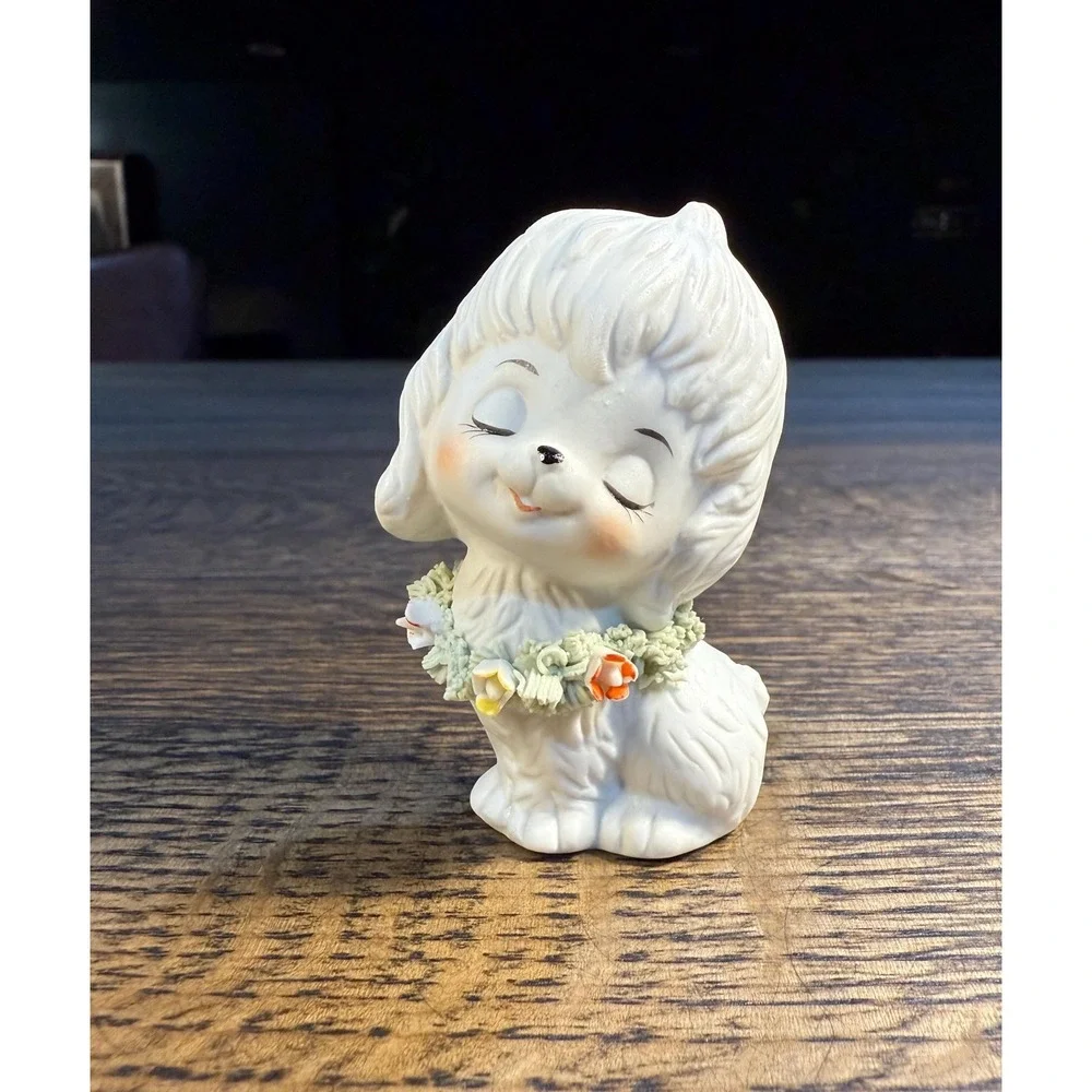 Vintage Ceramic Puppy Figurine – 1950s Japan‎ Dog with Floral Collar, 2.5